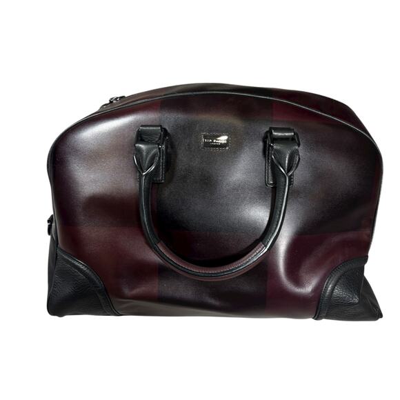 TED BAKER LEATHER OVERNIGHT BAG BURGUNDY AND BLACK CHECK - Picture 6 of 13
